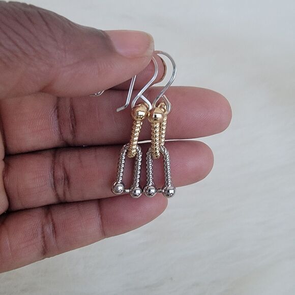 Two tone dangle drop link earrings - Picture 2 of 2